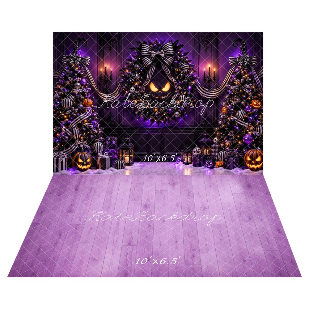 Kate Halloween Purple Christmas Trees Jack O Lantern Wreath Printed Backdrop+Purple Wood Floor Printed Backdrop