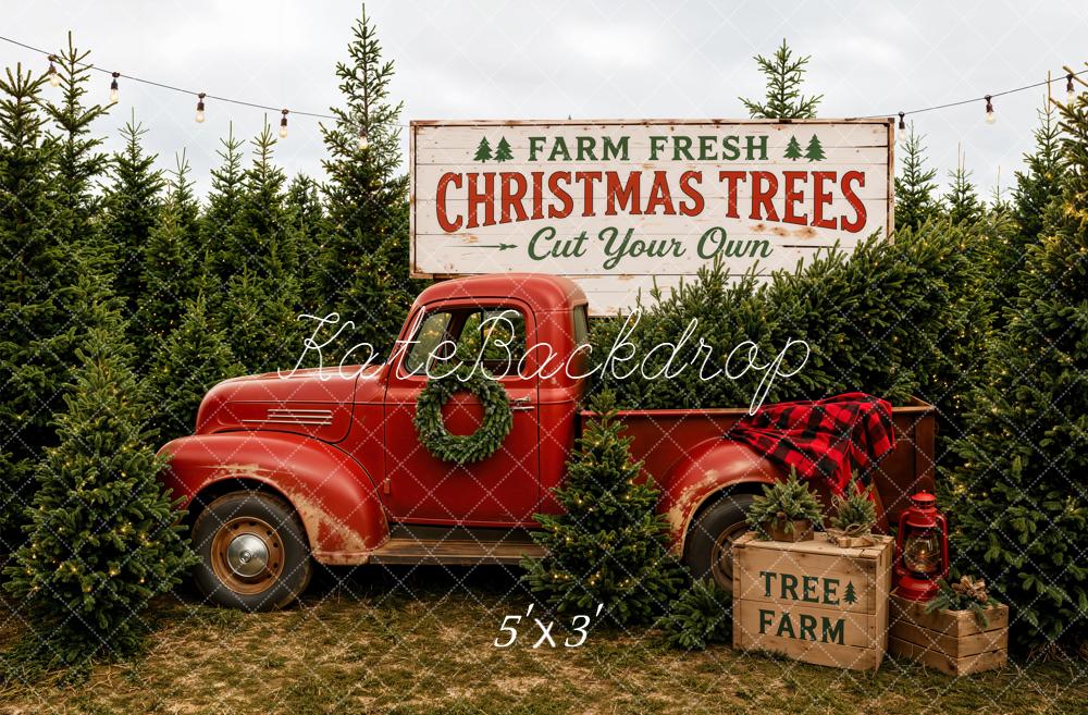 Kate Christmas Red Truck Christmas Tree Farm Printed Backdrop Designed by Emetselch