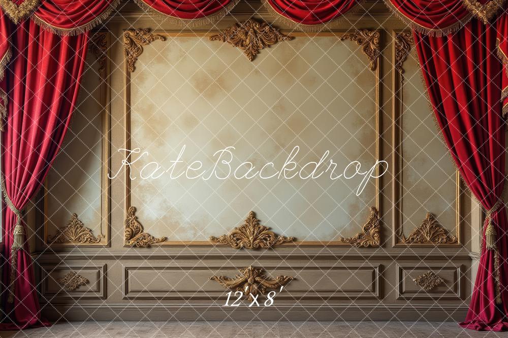 Kate Vintage Wall Red Curtains Gold Ornaments Printed Backdrop Designed by Laura Bybee