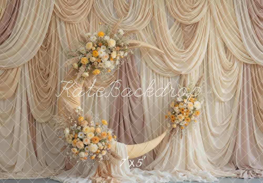 Kate Beige Drapes Crescent Moon Flower Printed Backdrop Designed by Mini MakeBelieve
