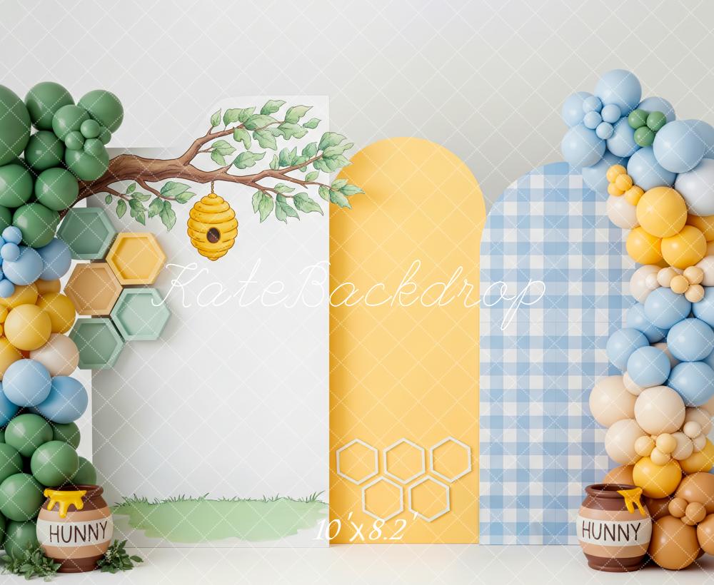 Kate Cake Smash Honey Bee Tree Honeycomb Balloons Printed Backdrop Designed by Patty Roberts