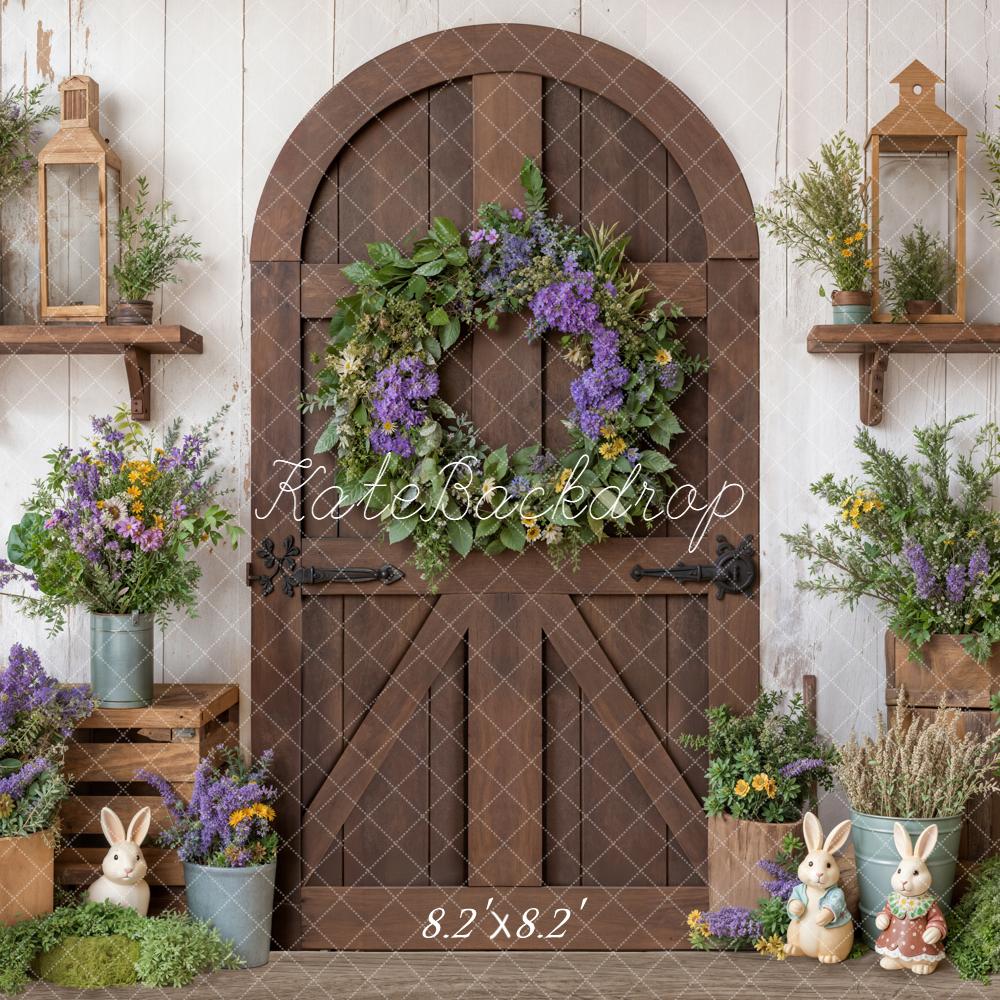 Kate Easter Bunny Floral Wreath Brown Wooden Door Backdrop Designed by Emetselch