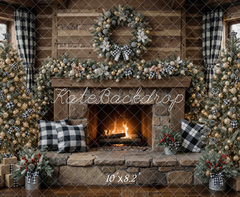 Kate Christmas Stone Fireplace Buffalo Plaid Christmas Tree Wreath Garland Printed Backdrop Designed by Mini MakeBelieve