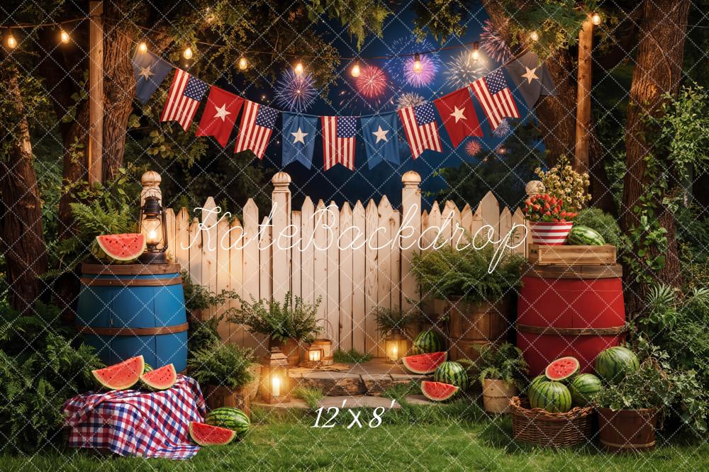 Kate Independence Day Picnic Watermelon Fireworks Printed Backdrop Designed by Emetselch