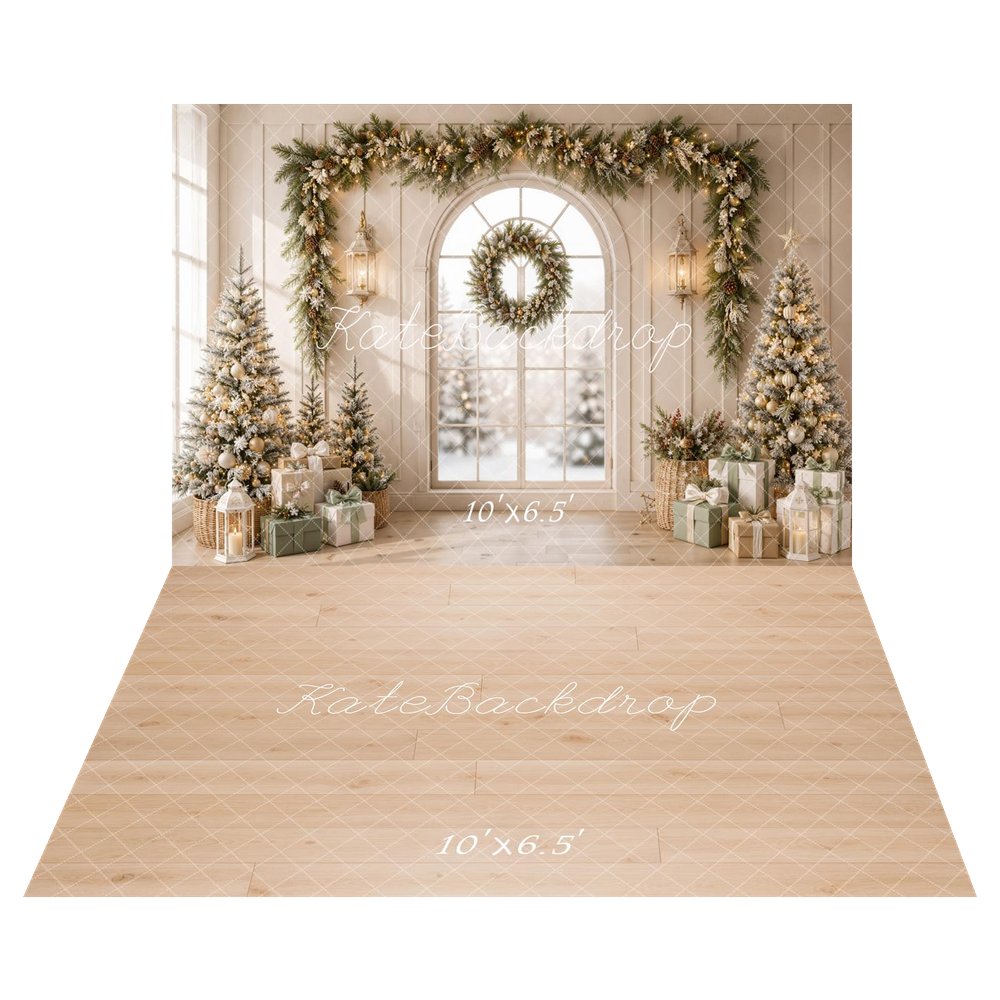 Kate Christmas Window Pine Garland Arch Printed Backdrop+Light Wood Plank Floor Printed Backdrop