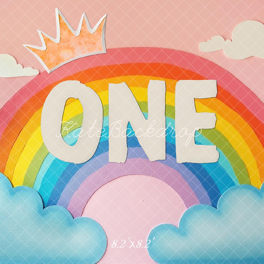 Kate 1st Birthday Rainbow One Crown Clouds Pink Printed Backdrop Designed by Laura Bybee