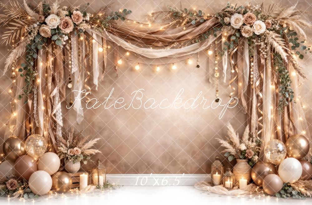 Kate Boho Draped Flower Arch Balloons Champagne Printed Backdrop Designed by Vertigo Productions