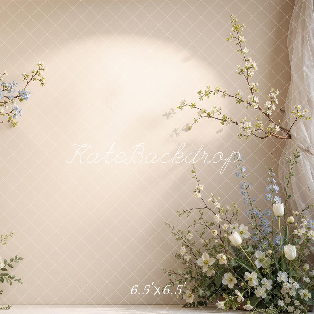 Kate Spring Beige Floral Branches Draped Curtains Printed Backdrop Designed by Shutter Swan Studios
