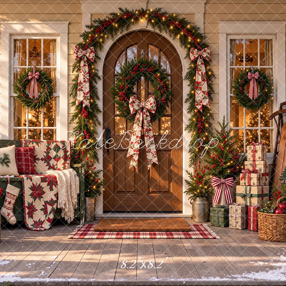 Kate Christmas Farmhouse Porch Wreath Garland Sunlight Printed Backdrop Designed by Shutter Swan Studios