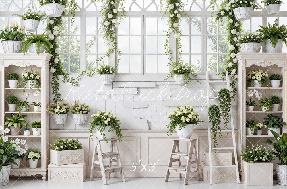 Kate Spring White Garden Flower Arch Shelves Printed Backdrop Designed by Mini MakeBelieve