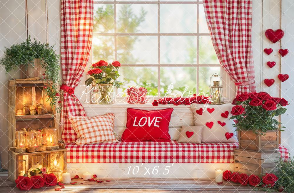 Kate Valentines Red Gingham Window Bench Hearts Roses Backdrop Designed by Emetselch