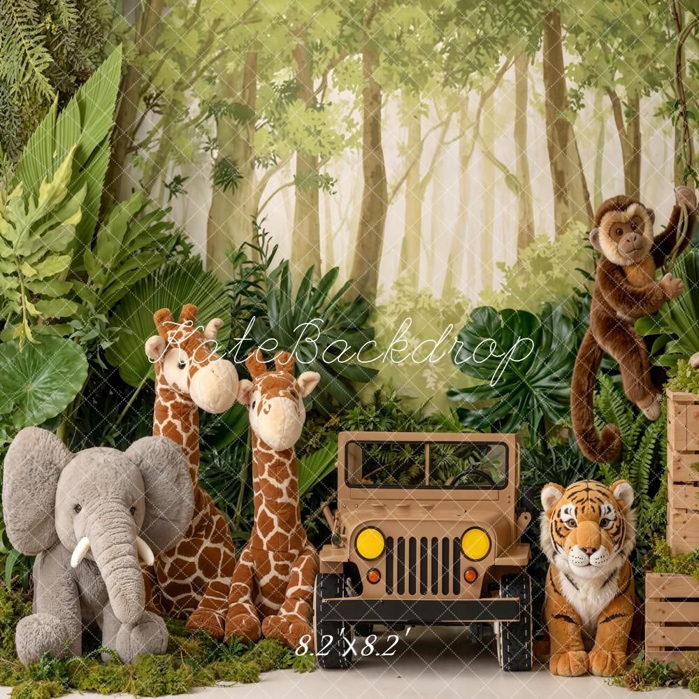 Kate Jungle Safari Jeep Giraffe Elephant Tiger Monkey Printed Backdrop Designed by Emetselch