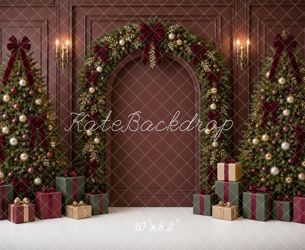 Kate Christmas Burgundy Garland Arch Trees Bow Gifts Printed Backdrop Designed by Shutter Swan Studios