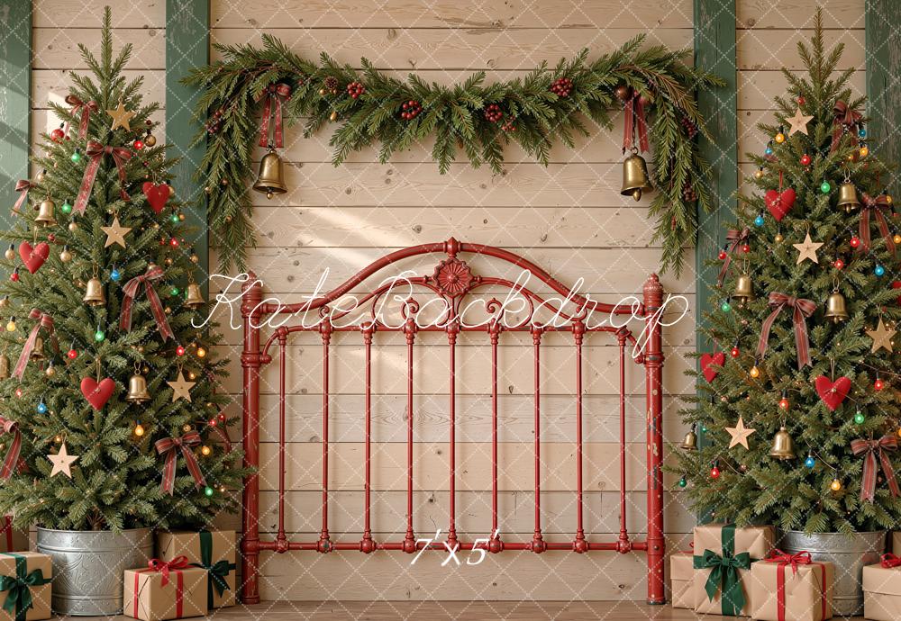 Kate Christmas Trees Red Iron Headboard Garland Printed Backdrop Designed by Shutter Swan Studios
