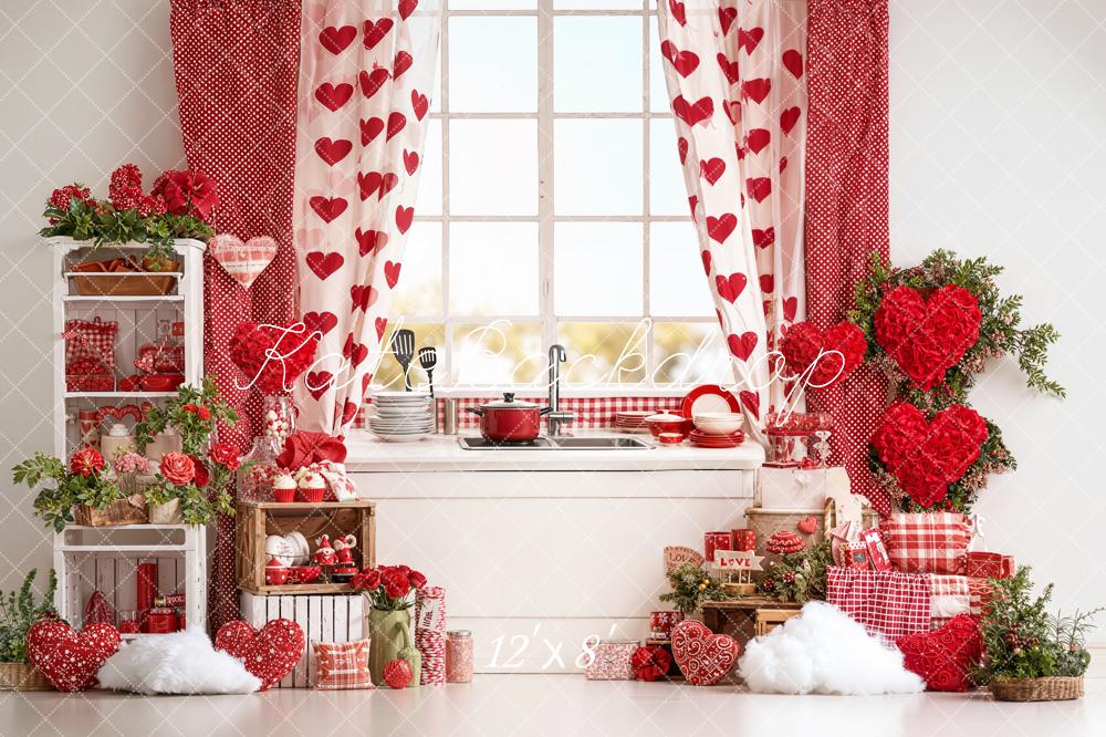 Kate Valentine's Day Red Hearts Kitchen Window Curtains Roses Backdrop Designed by Emetselch
