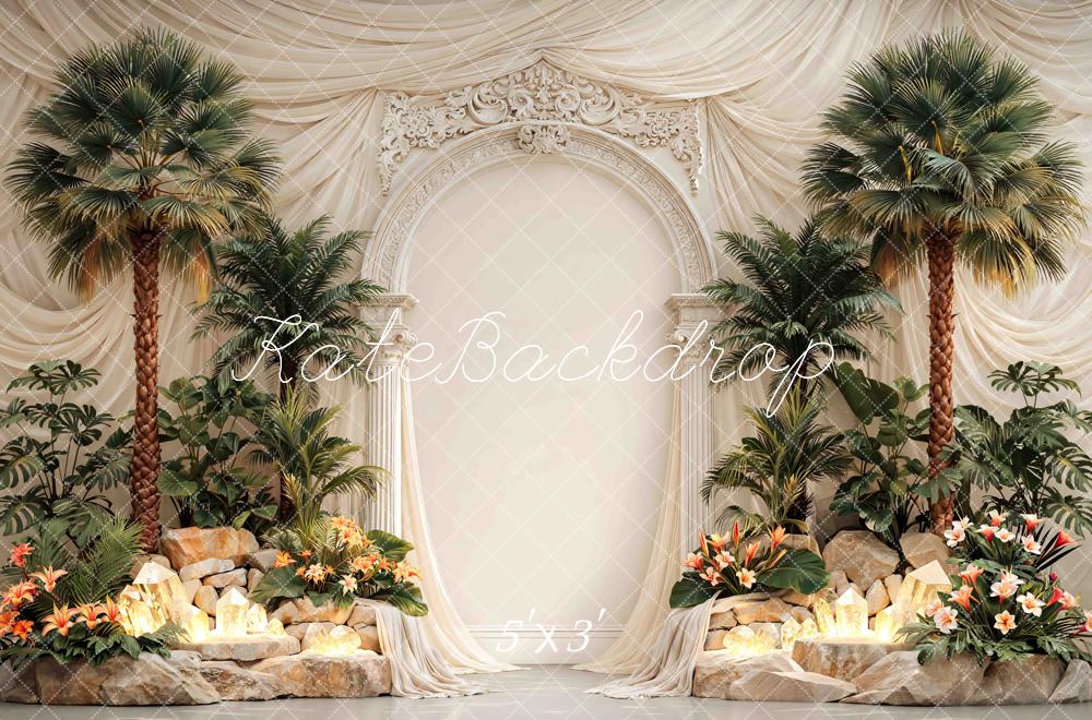 Kate Tropical Palm Trees Floral Rock Arch Printed Backdrop Designed by Mini MakeBelieve