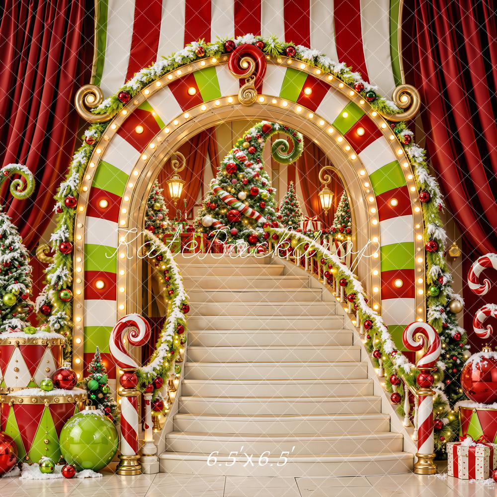 Kate Christmas Candy Cane Staircase Illuminated Arch Printed Backdrop Designed by Emetselch