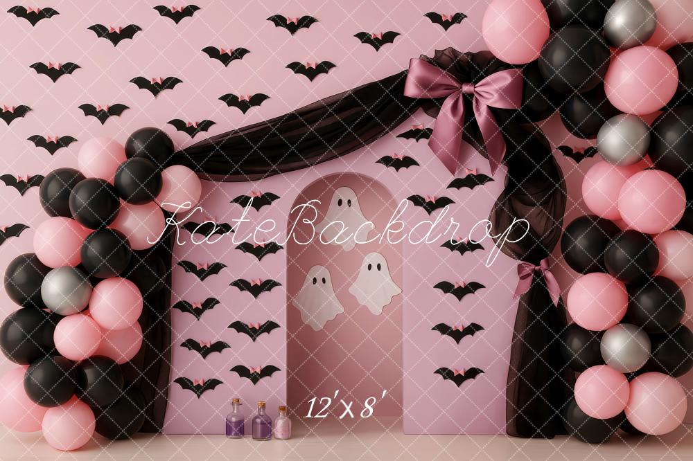 Kate Halloween Cake Smash Drapes Pink Bats Ghosts Balloon Arch Backdrop Designed by Patty Roberts