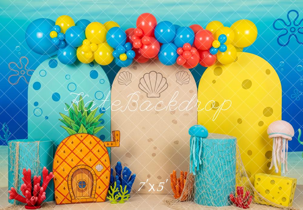 Kate Cake Smash Underwater Colorful Balloons Coral Jellyfish Printed Backdrop Designed by Patty Roberts