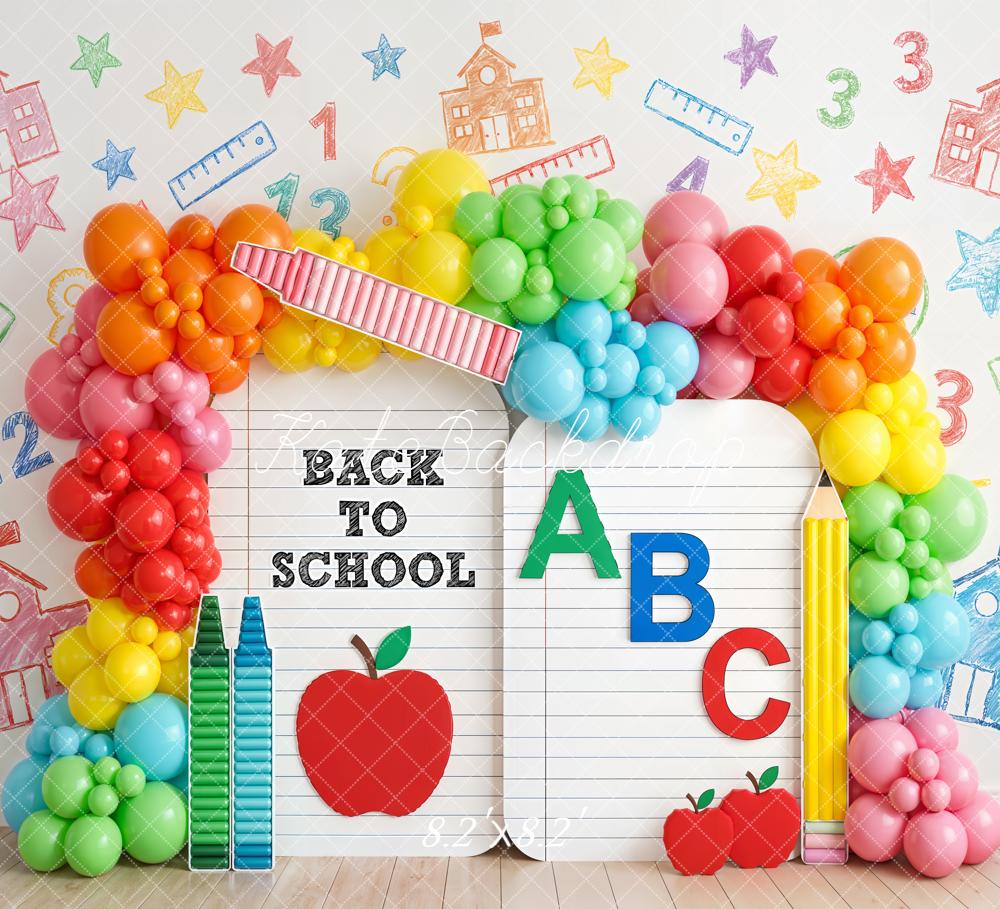 Kate Back to School Rainbow Balloons Crayons Apple Notebook Printed Backdrop Designed by Emetselch