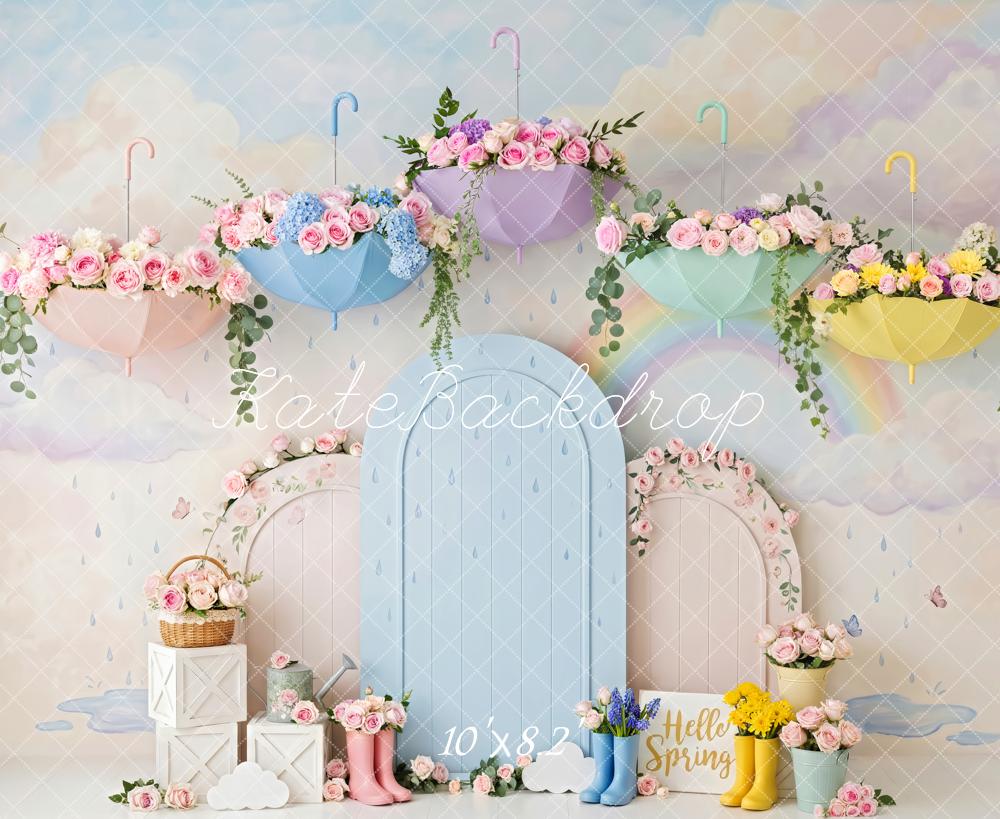 Kate Spring Floral Umbrellas Arched Door Rain Boots Printed Backdrop Designed by Patty Roberts