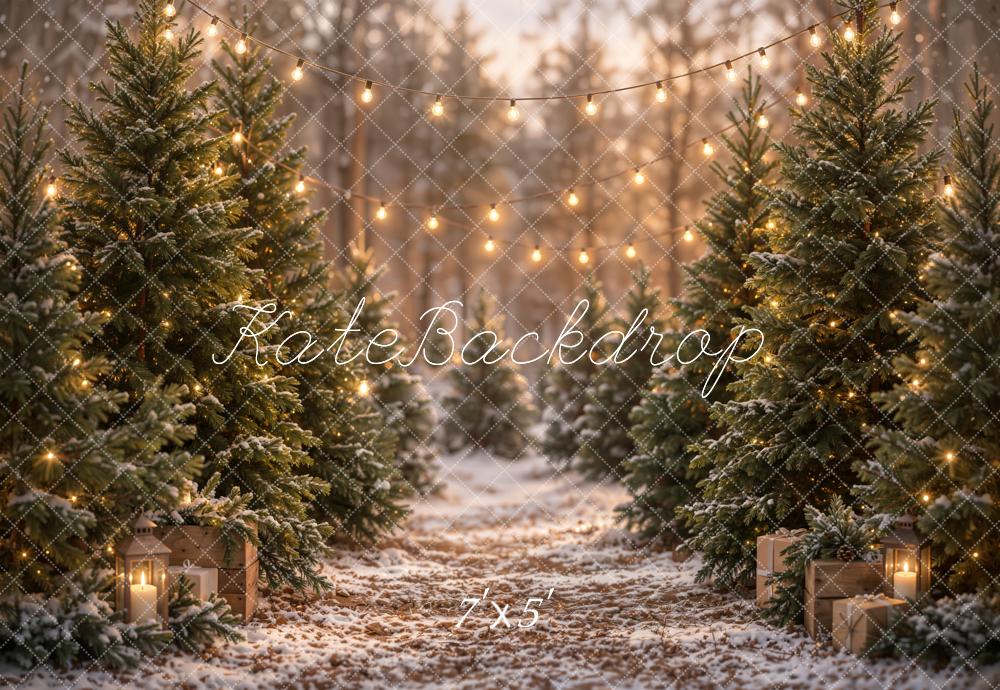 Kate Christmas Snowy Pine Trees Path String Lights Printed Backdrop Designed by Emetselch