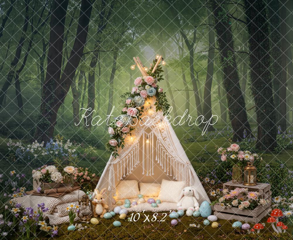 Kate Easter Forest Bunny Tent Flowers Mushrooms Backdrop Designed by Emetselch