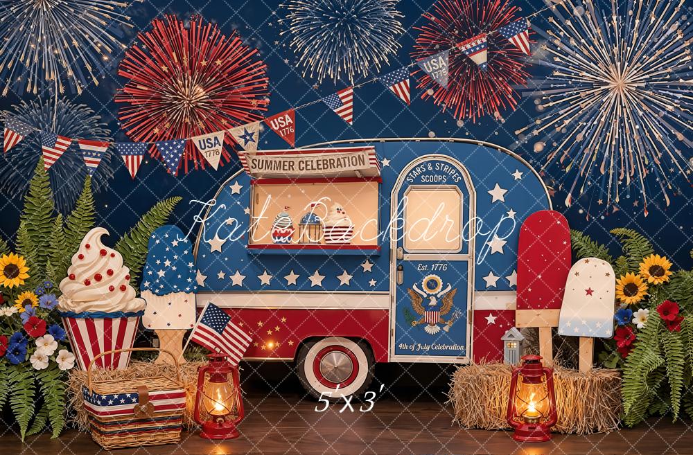 Kate 4th of July Ice Cream Truck Fireworks Patriotic Treats Printed Backdrop Designed by Emetselch