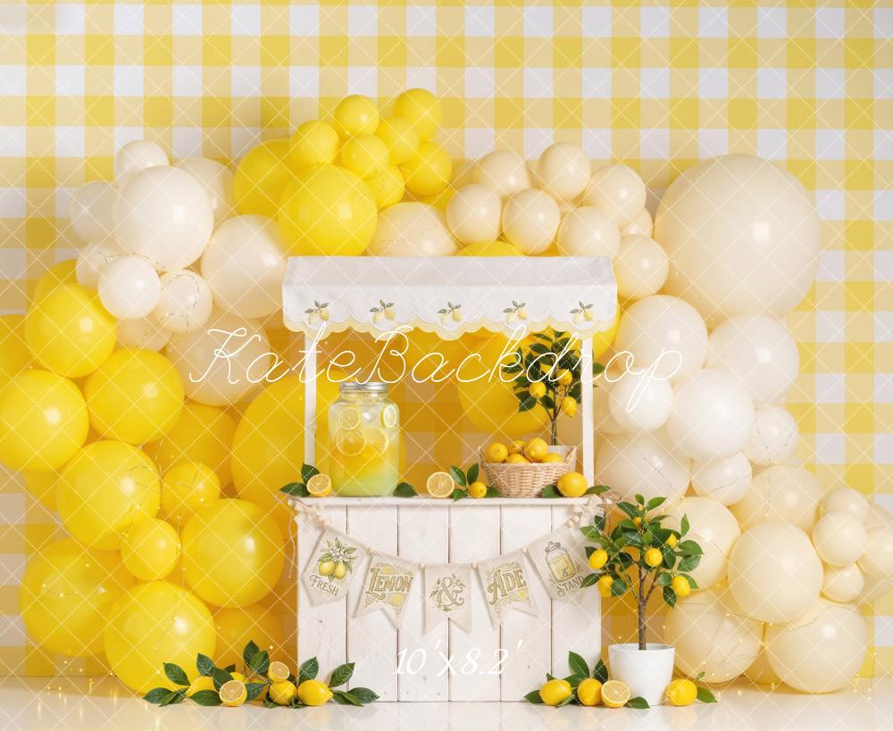 Kate Lemonade Stand Yellow Balloons Gingham Lemon Decor Printed Backdrop Designed by Emetselch
