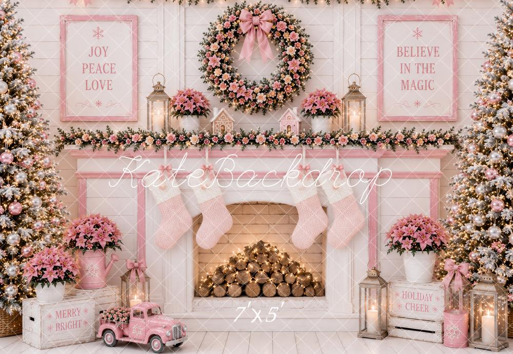 Kate Christmas Pink Floral Fireplace Wreath Stockings Printed Backdrop Designed by Ashley Paul