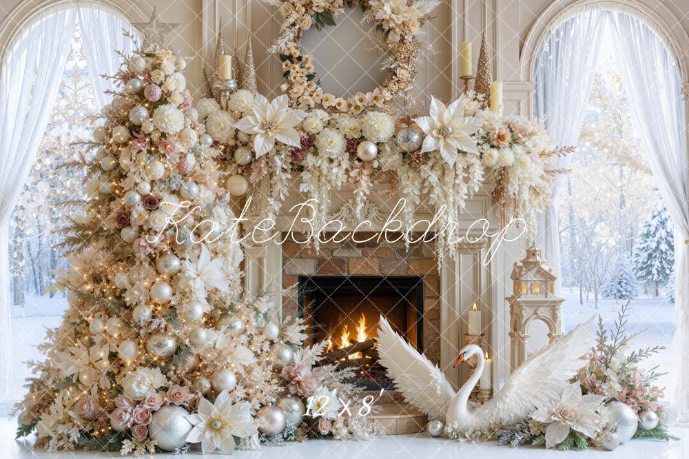 Kate Christmas Tree Fireplace Floral Swan Poinsettia Gold Printed Backdrop Designed by Mini MakeBelieve