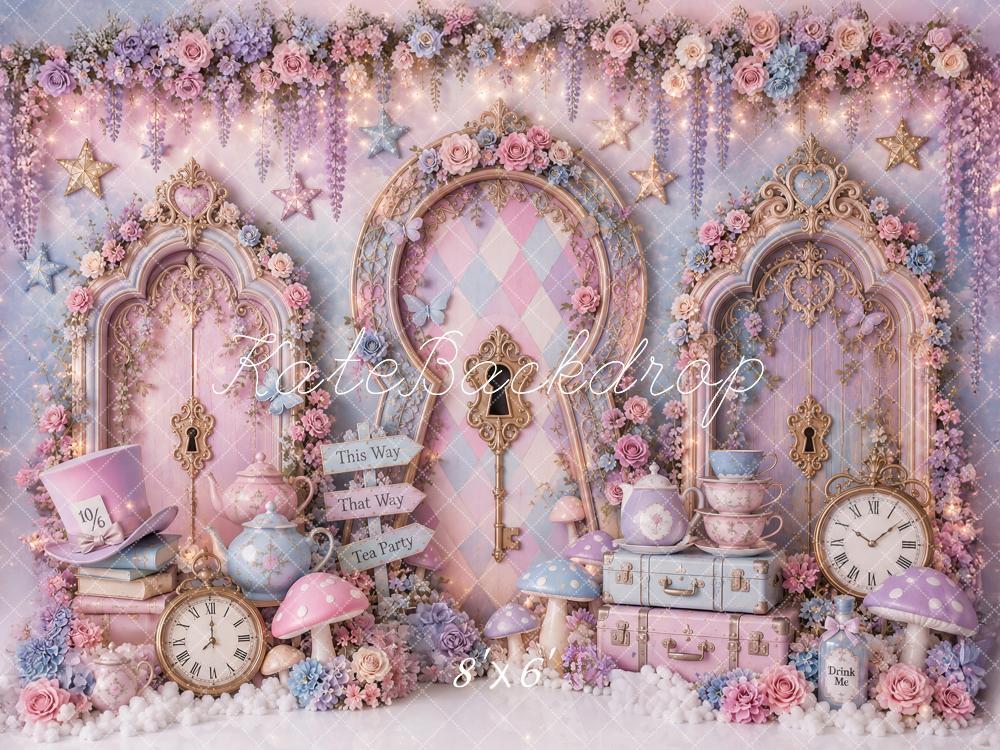 Kate Cake Smash Enchanted Wonderland Tea Party Lavender Ornate Doors Printed Backdrop Designed by Ashley Paul