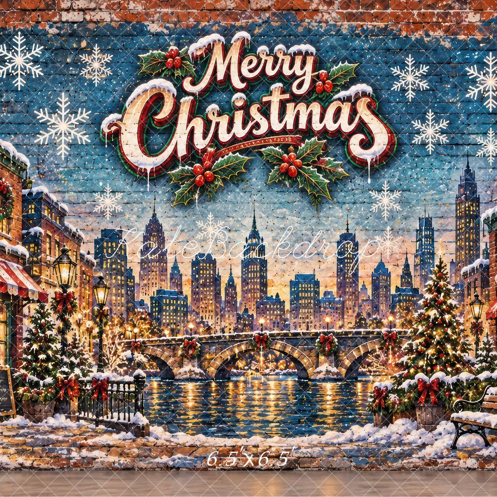 Kate Christmas Snowy Cityscape Bridge Graffiti Printed Backdrop Designed by Laura Bybee