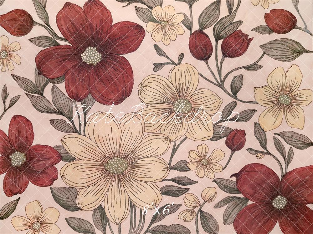 Pink Burgandy Peach Retro Flower Pattern Foto Achtergrond Designed by Mandy Ringe Photography