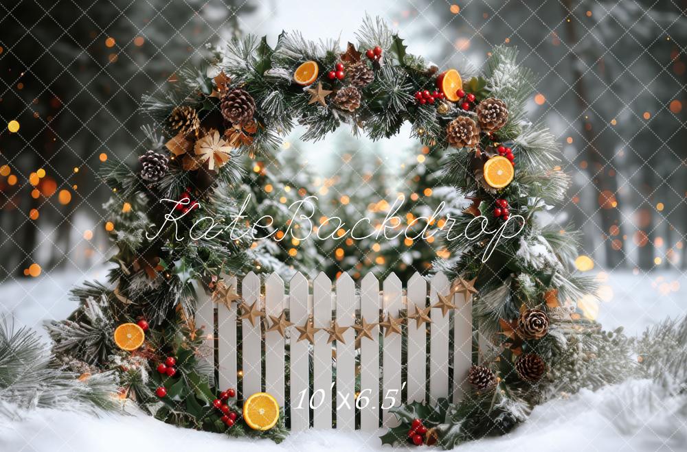 Kate Christmas Arch Winter Snowy Fence Oranges Backdrop Designed by Mini MakeBelieve