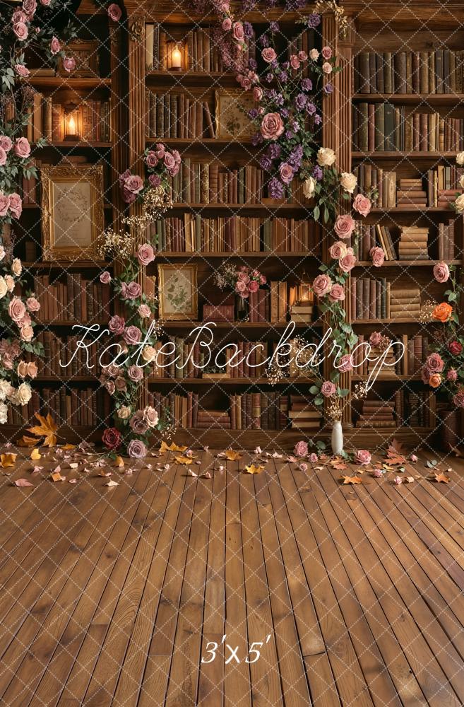 Kate School Library Bookshelf Floral Arch Wood Floor Printed Backdrop Designed by Emetselch