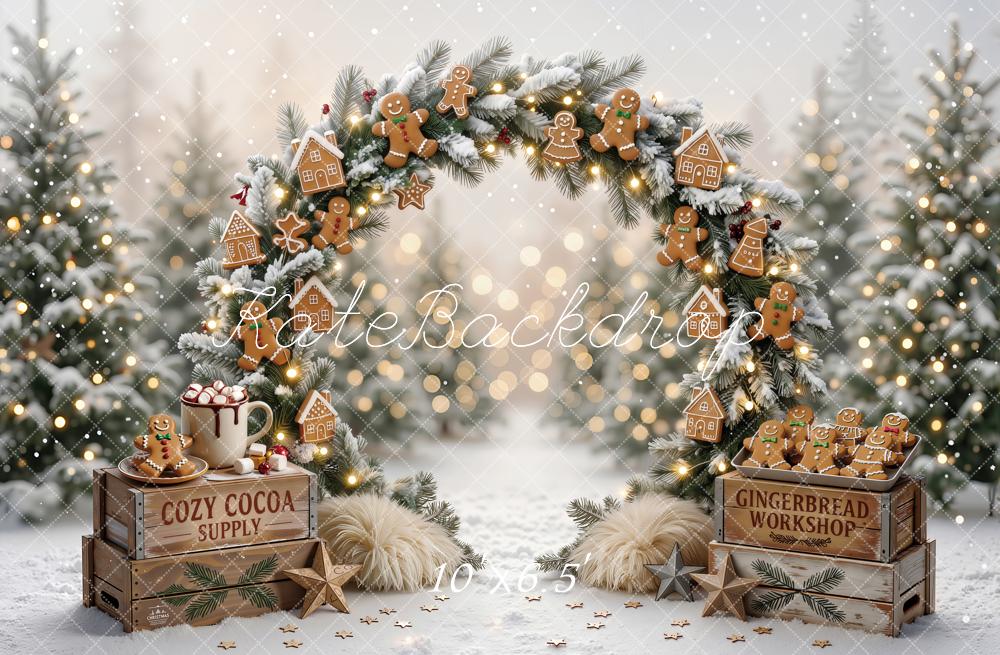 Kate Christmas Gingerbread Cookie Arch Snowy Trees Printed Backdrop Designed by Emetselch
