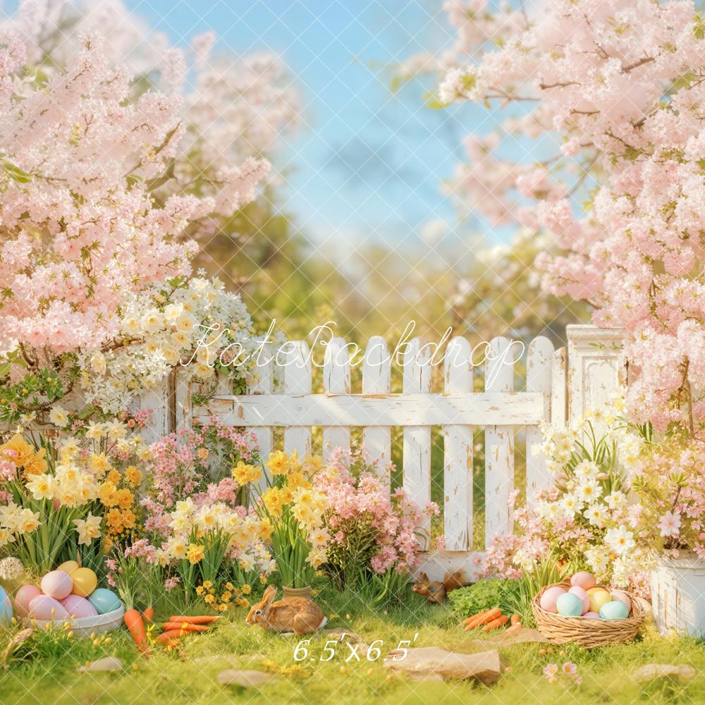 Kate Easter Spring Bunny Pink Blossoms White Fence Flowers Backdrop Designed by Emetselch