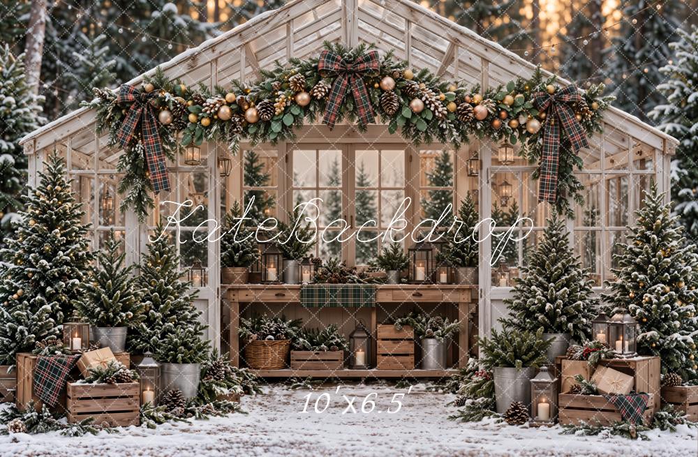 Kate Christmas Greenhouse Snowy Trees Garland Rustic Woodland Printed Backdrop Designed by Emetselch