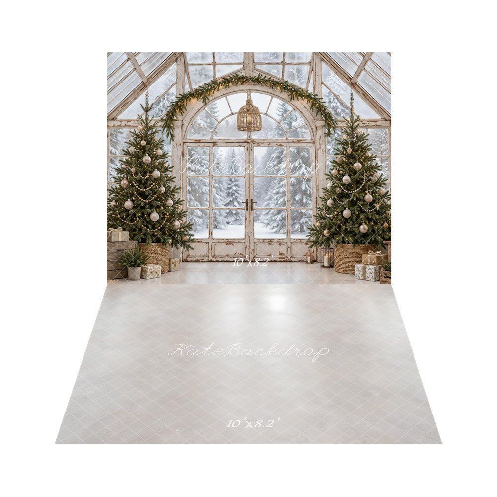 Kate Christmas Greenhouse Twin Trees Snowy Forest Printed Backdrop+Light Gray Glossy Floor Printed Backdrop