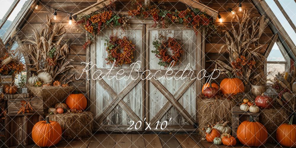 Kate Fall Rustic Barn Pumpkins Haystack Wood Backdrop Designed by Emetselch