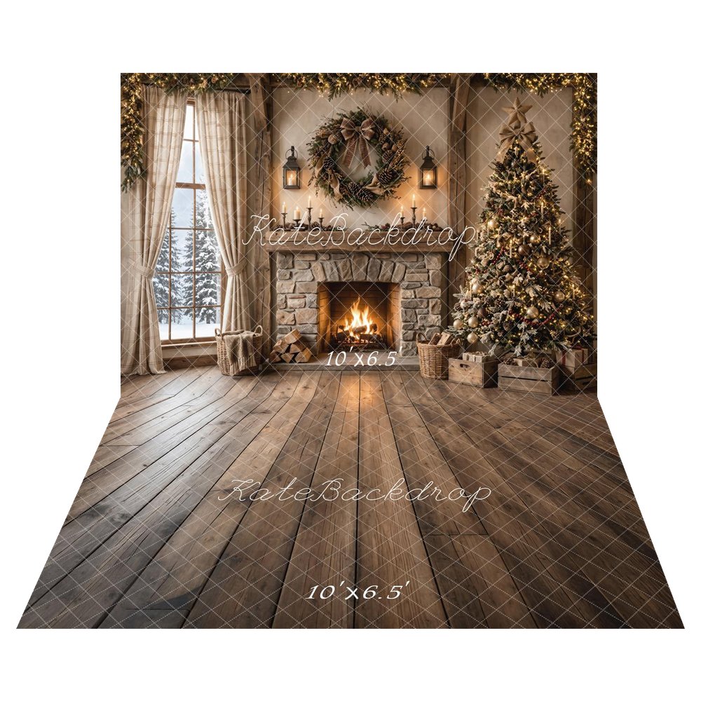 Kate Christmas Stone Fireplace Tree Wreath Garland Printed Backdrop+Brown Wood Plank Floor Printed Backdrop