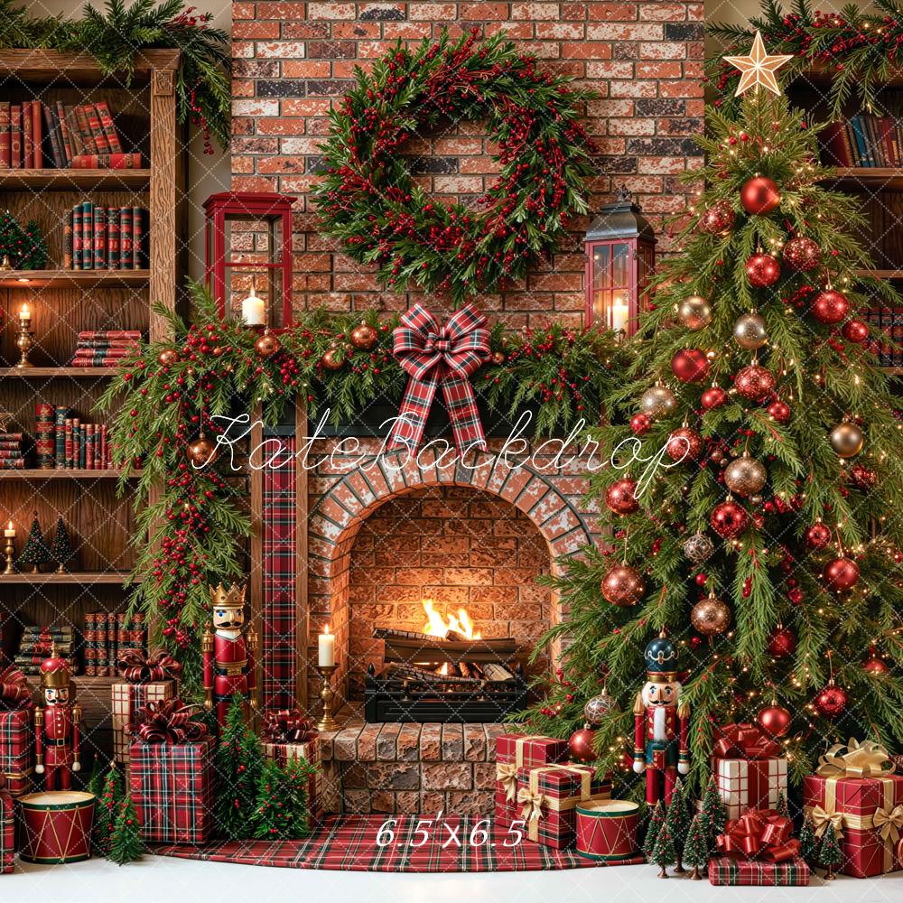 Kate Christmas Tree Library Brick Fireplace Wreath Red Plaid Printed Backdrop Designed by Mini MakeBelieve