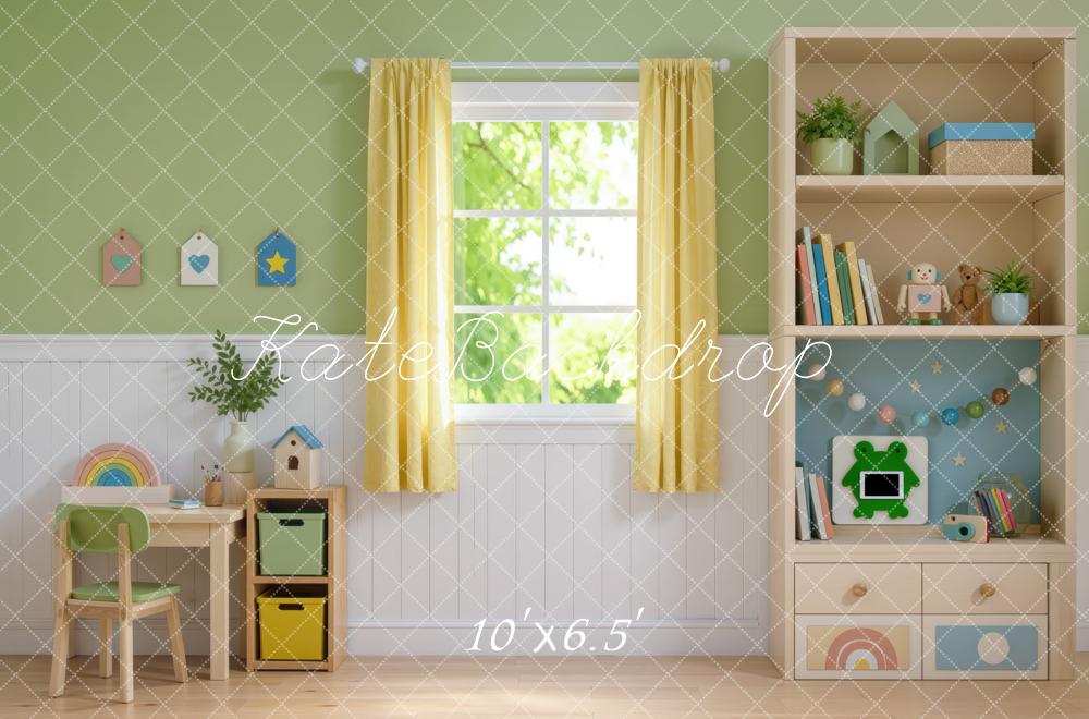 Kate Kids Toys Playroom Window Cabinet Desk Printed Backdrop Designed by Mini MakeBelieve