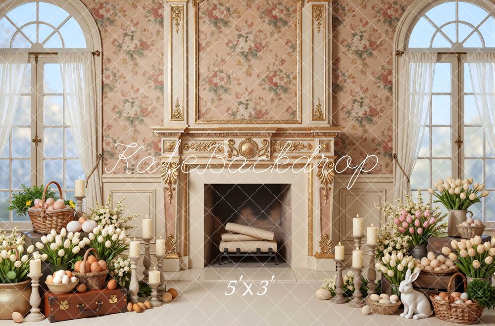 Kate Easter Bunny Fireplace Floral Eggs Printed Backdrop Designed by Mini MakeBelieve