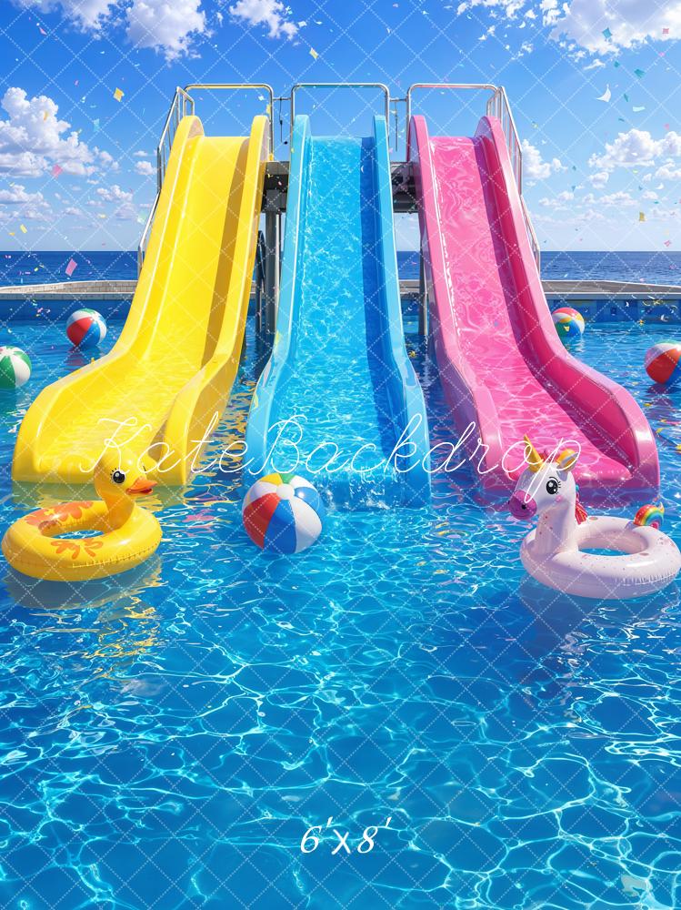 Kate Summer Swimming Pool Water Slides Floats Printed Backdrop Designed by Emetselch