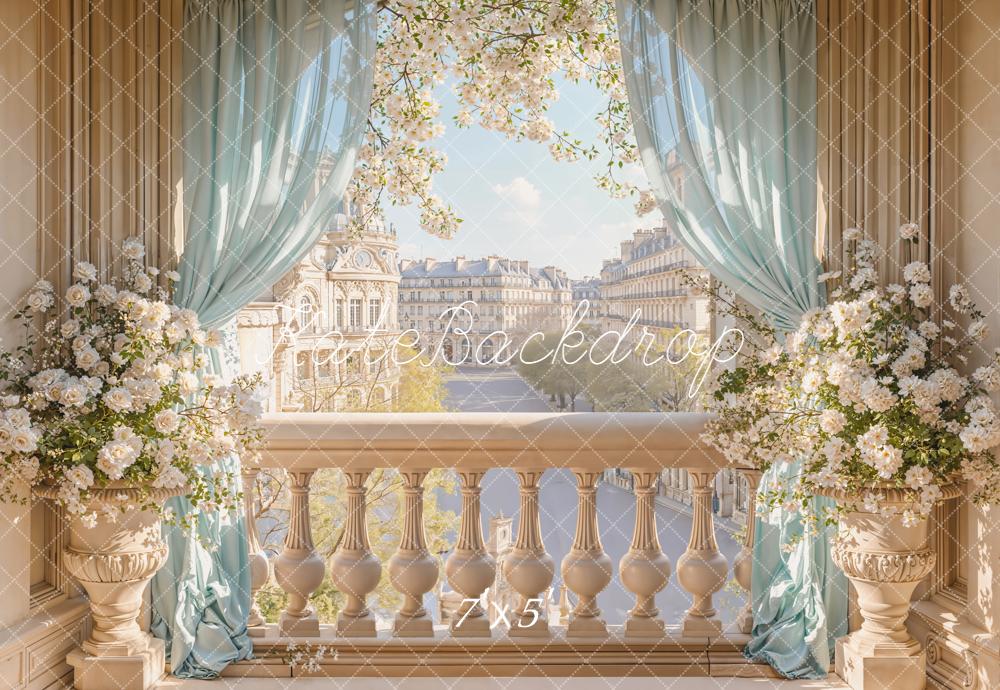 Kate Spring Elegant Balcony Blossoms Blue Curtains City View Backdrop Designed by Emetselch