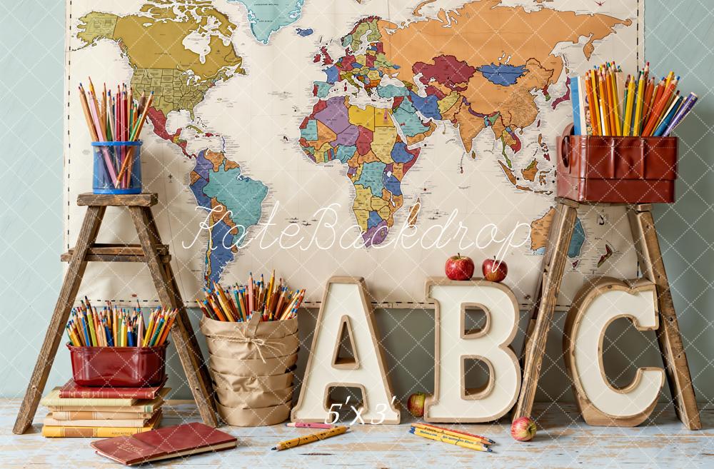 Kate Back To School World Map Alphabet Pencils Books Backdrop Designed by Emetselch