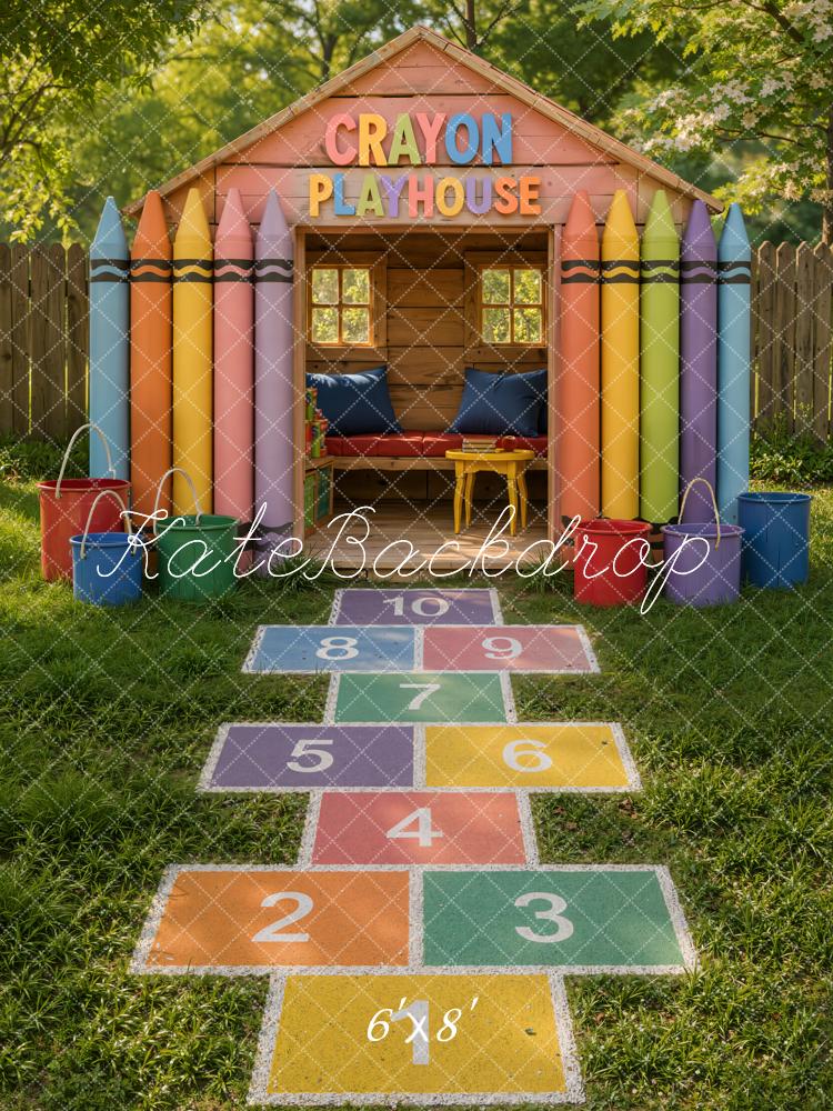 Kate School Kids Colorful Crayon Playhouse Hopscotch Printed Backdrop Designed by Emetselch