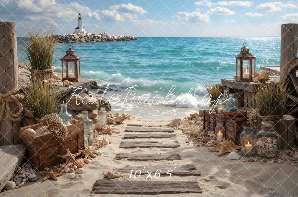Kate Beach Lighthouse Lantern Coastal Pathway Printed Backdrop Designed by Mini MakeBelieve